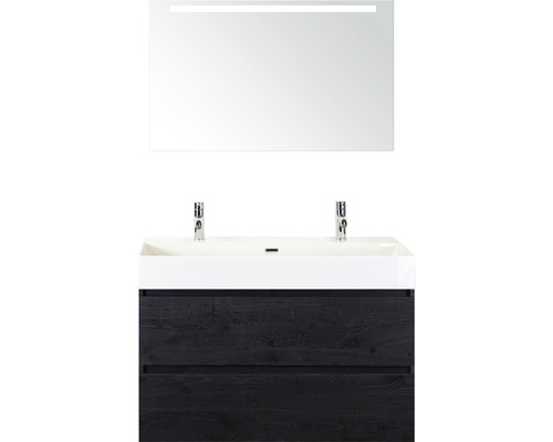 Kúpeľňový nábytkový set Sanox Maxx XL farba čela black oak ŠxVxH 101 x 183 x 45,5 cm s keramickým dvojitým umývadlom a zrkadlom s LED osvetlením Kúpeľňový nábytkový set Sanox Maxx XL farba čela black oak ŠxVxH 101 x 183 x 45,5 cm s keramickým dvojitým umývadlom a zrkadlom s LED osvetlením