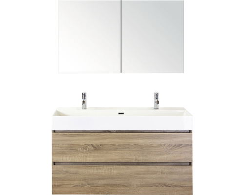 Kúpeľňový nábytkový set Maxx XL 120 cm s keramickým umývadlom 2 otvormi na kohúty a zrkadlovou skrinkou dub sivý Kúpeľňový nábytkový set Maxx XL 120 cm s keramickým umývadlom 2 otvormi na kohúty a zrkadlovou skrinkou dub sivý