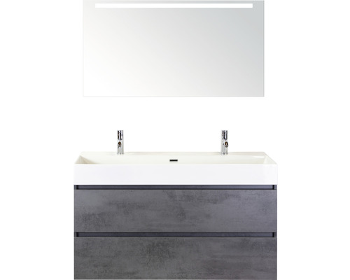 Kúpeľňový nábytkový set Maxx XL 120 cm s keramickým umývadlom 2 otvormi na kohúty a zrkadlom s LED osvetlením betón antracitovo sivá Skrinka s umývadlom s dvoma umývadlami, dvoma zásuvkami a zrkadlom s osvetlením