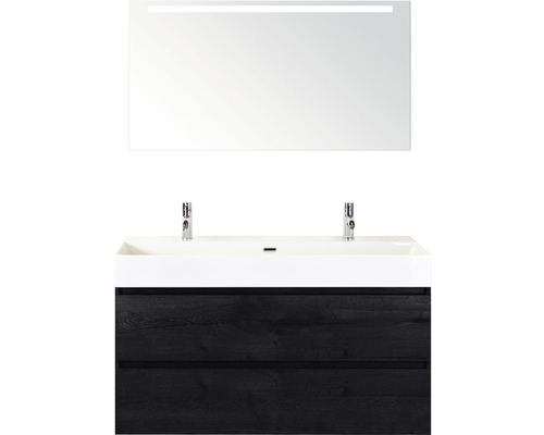 Umývadlo s dvomi umývadlami, spodnou skrinkou a LED zrkadlom do kúpeľne