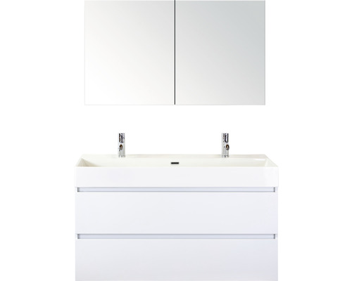 Kúpeľňový nábytkový set Maxx XL 120 cm s keramickým umývadlom 2 otvormi na kohúty a zrkadlovou skrinkou biela vysoko lesklá Kúpeľňový nábytkový set Maxx XL 120 cm s keramickým umývadlom 2 otvormi na kohúty a zrkadlovou skrinkou biela vysoko lesklá