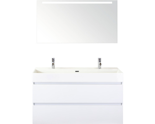 Kúpeľňový nábytkový set Maxx XL 120 cm s keramickým umývadlom 2 otvormi na kohúty a zrkadlom s LED osvetlením biela vysoko lesklá Súprava kúpeľňového nábytku s dvojitým umývadlom, dvoma zásuvkami a osvetleným zrkadlom