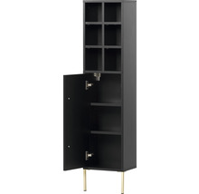 Čierna vysoká skriňa s otvorenými policami a dverami na zlatých nohách.