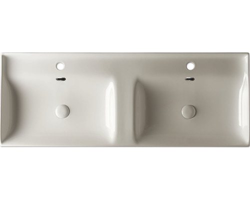 Dvojité umývadlo z keramiky s dvoma otvormi pre kohútiky a prepadmi