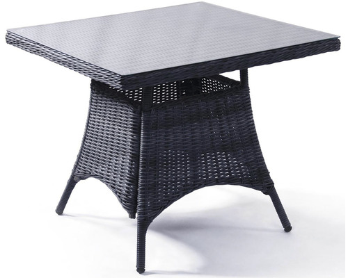 Štvorcový záhradný stôl so sklenenou doskou a ratanovou štruktúrou