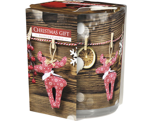 Vianočná vonná sviečka v skle VIANOČNÝ DARČEK 100 g Vonná sviečka s vianočným motívom jeleňa a drevenou štruktúrou