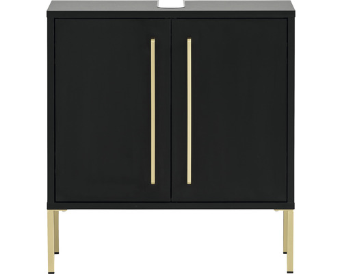 Čierna skrinka pod umývadlo so zlatými úchytmi a nožičkami