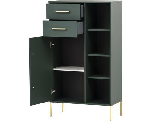 Zelená skrinka so zásuvkami, dvierkami a policami