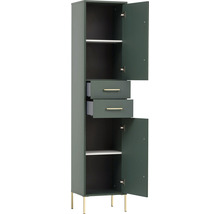 Úzka vysoká skriňa s dvomi zásuvkami a otvorenými dverami do kúpeľní alebo iných obytných priestorov.