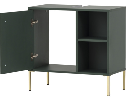 Skrinka pod umývadlo s otvorenými dvierkami a policami