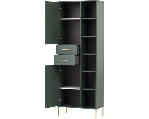 Kúpeľňová skrinka vysoká Möbelpartner Kent zelená 67,1 x 184,3 x 33,1 cm 701260 Otvorená viacúčelová skriňa so zásuvkami a policami