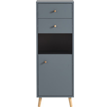 Úzka kúpeľňová skrinka s dvomi zásuvkami, otvorenou priehradkou a dvierkami