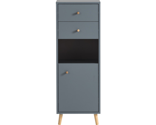 Úzka kúpeľňová skrinka s dvomi zásuvkami, otvorenou priehradkou a dvierkami