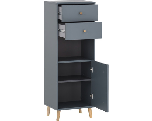 Úzka kúpeľňová skrinka s dvomi zásuvkami a dvierkami