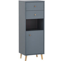 Úzka kúpeľňová skrinka s dvoma zásuvkami, otvorenou policou a dvierkami