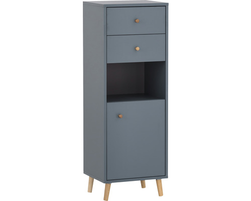 Úzka kúpeľňová skrinka s dvoma zásuvkami, otvorenou policou a dvierkami