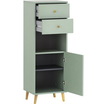 Úzka skrinka s dvomi zásuvkami, jednými dvierkami a dvomi policami