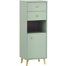 Úzka svetlozelená kúpeľňová skrinka s dvomi zásuvkami, otvorenou priehradkou a dvierkami