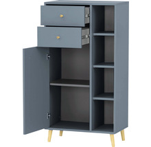 Sivá viacúčelová skrinka s dvomi zásuvkami, jednými dvierkami a otvorenými policami