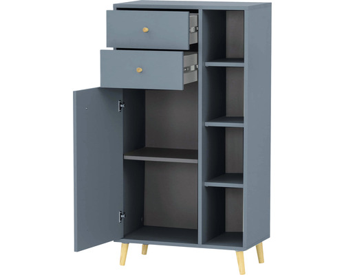 Sivá viacúčelová skrinka s dvomi zásuvkami, jednými dvierkami a otvorenými policami