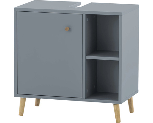 Sivá skrinka pod umývadlo s dvierkami, úchytkou a otvorenou policou