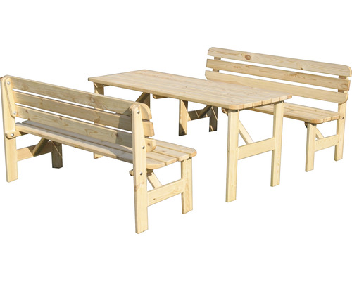 Záhradný stôl z dreva s dvoma lavicami