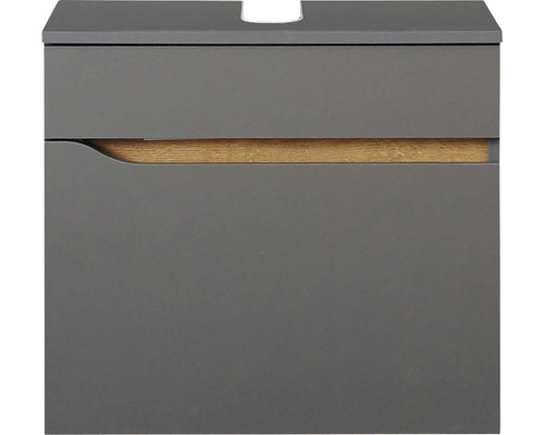 Sivá skrinka pod umývadlo s dreveným akcentom