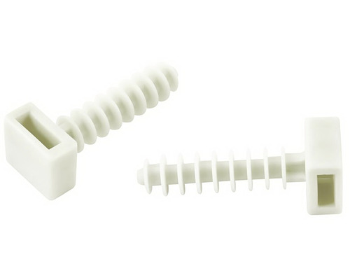 Dve biele plastové skrutky s obdĺžnikovou hlavou a ryhovanou stopkou