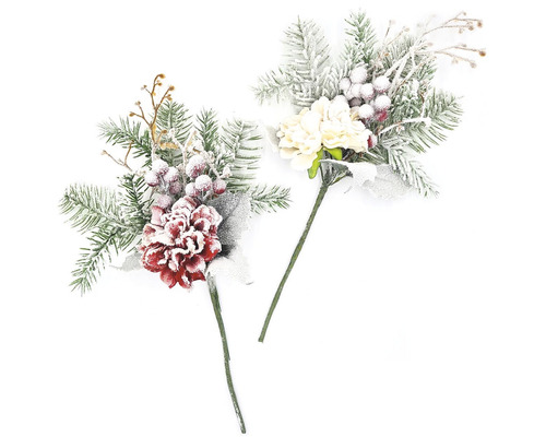 Dve dekoratívne, umelé vianočné vetvy s kvetmi a bobuľami