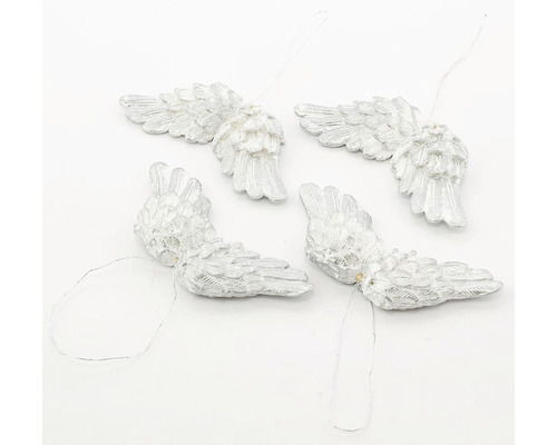 Dekorácia anjelské krídla 7,5 cm 4 ks strieborné Štyri ozdoby anjelských krídel so závesnými šnúrami.