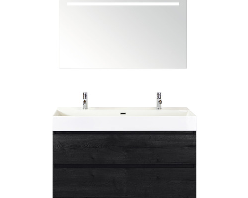 Kúpeľňový nábytkový set Sanox Maxx XL farba čela black oak ŠxVxH 121 x 183 x 45,5 cm s keramickým dvojitým umývadlom a zrkadlom s LED osvetlením Zostava umývadla so zrkadlom a dvomi zásuvkami