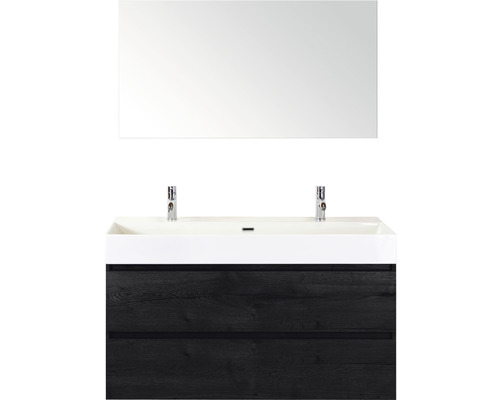 Umývadlo s dvoma umývadlami, zrkadlom a spodnou skrinkou so zásuvkami