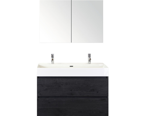 Kúpeľňový nábytkový set Sanox Maxx XL farba čela black oak ŠxVxH 101 x 170 x 45,5 cm s keramickým dvojitým umývadlom a zrkadlovou skrinkou Kúpeľňový nábytkový set Sanox Maxx XL farba čela black oak ŠxVxH 101 x 170 x 45,5 cm s keramickým dvojitým umývadlom a zrkadlovou skrinkou