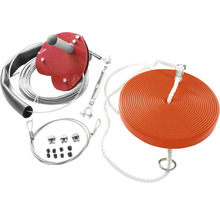 Lanovka so súpravou s červeným držiakom, oceľovým lanom, napínačom, drôtenými svorkami a oranžovým tanierom