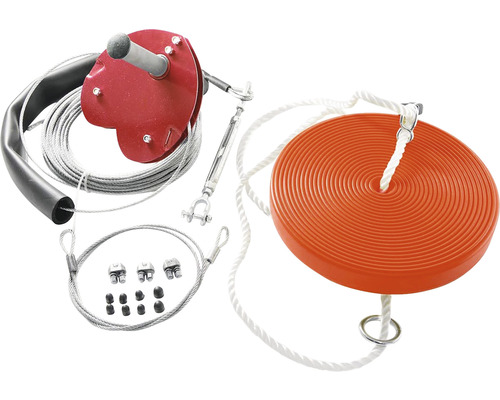 Lanovka so súpravou s červeným držiakom, oceľovým lanom, napínačom, drôtenými svorkami a oranžovým tanierom