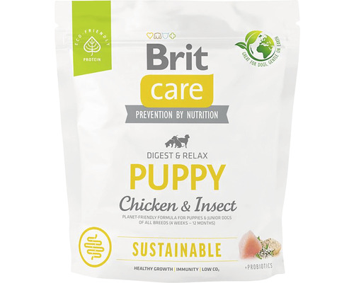 Granule pre psov Brit Care Dog Sustainable Puppy 1 kg Krmivo pre šteniatka Brit Care s kuracím mäsom a hmyzom v balení