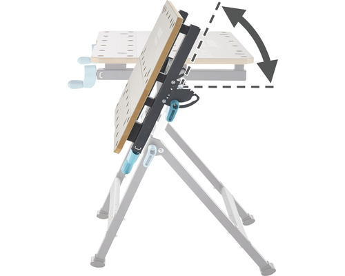 Nastaviteľný pracovný stôl so skladacou funkciou a šípkou naznačujúcou sklon.