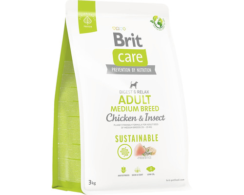 Granule pre psov Brit Care Dog Sustainable Adult Medium Breed 3 kg Brit Care Adult Medium Breed krmivo pre psov s kuracím mäsom a hmyzom v 3-kilogramovom balení