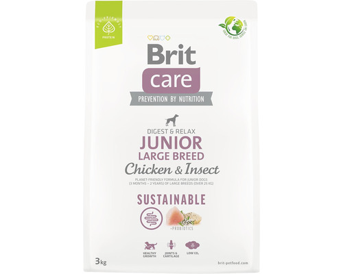 Granule pre psov Brit Care Dog Sustainable Junior Large Breed 3 kg Brit Care Junior Large Breed suché krmivo pre psov s kuracím mäsom a hmyzom v 3 kilogramovom balení