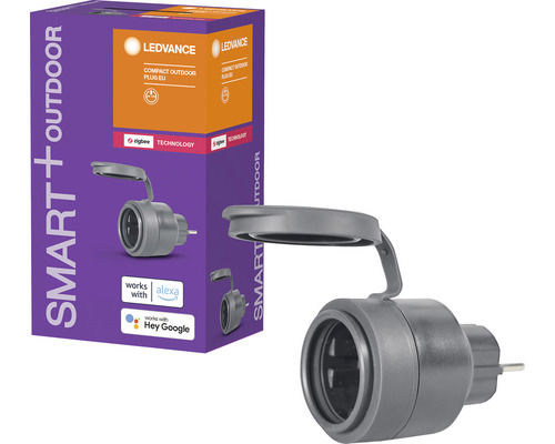 LEDVANCE Smart+ vonkajšia zásuvka s ochrannou klapkou a obalom produktu