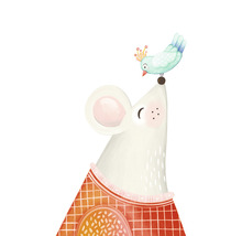 Ilustrácia myši s vtákom na nose