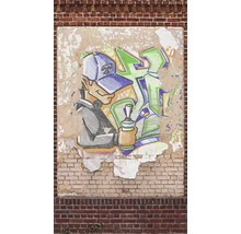 Ilustrácia graffiti umelca s plechovkou farby v spreji na tehlovej stene