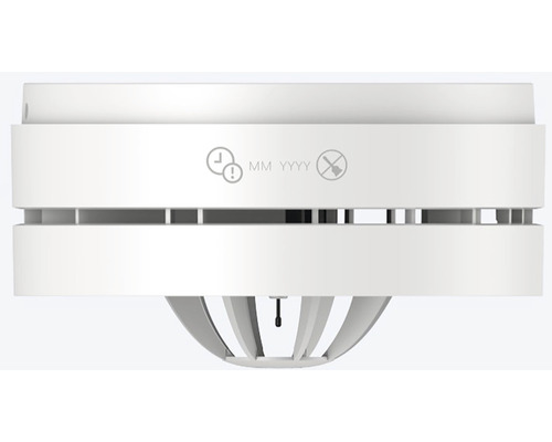 Hlásič dymu so symbolmi pre výmenu batérie, dátum výroby a upozornenie na údržbu