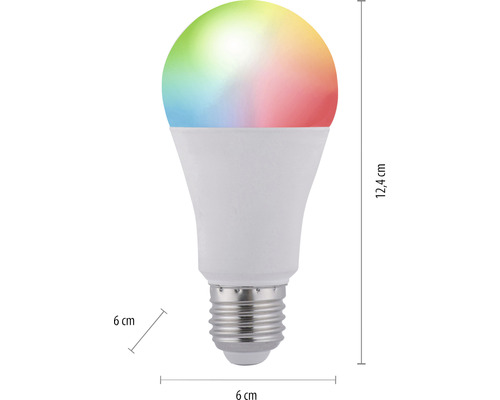 LED žiarovka s päticou E27 s rozmermi 6 krát 6 krát 12,4 centimetrov.