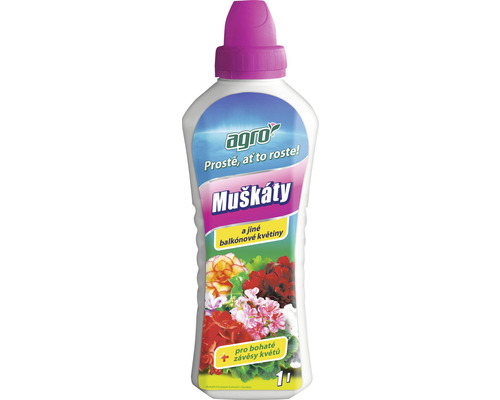 Tekuté hnojivo pre muškáty a balkónové rastliny v jednolitrovej fľaši