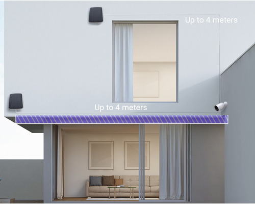 Fasáda domu s vonkajším osvetlením a bezpečnostnou kamerou, dosah až 4 metre