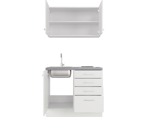 Kompaktná kuchynská linka s drezom, varnou doskou, spodnou skrinkou so zásuvkami a závesnou skrinkou