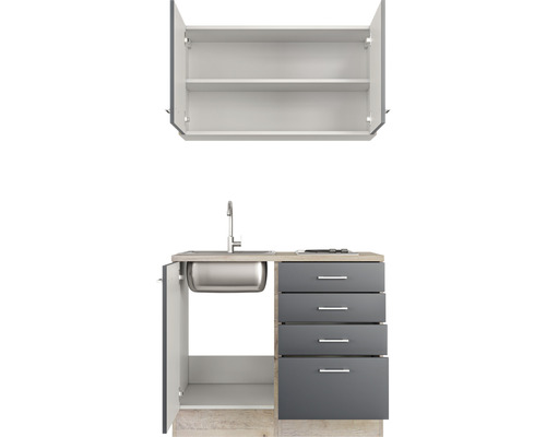 Skrinka pod umývadlo s nerezovým drezom, batériou, štyrmi zásuvkami a závesná skrinka s dvoma policami