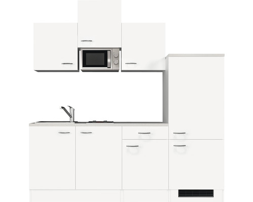 Biela kuchynská linka s drezom, sporákom a mikrovlnnou rúrou