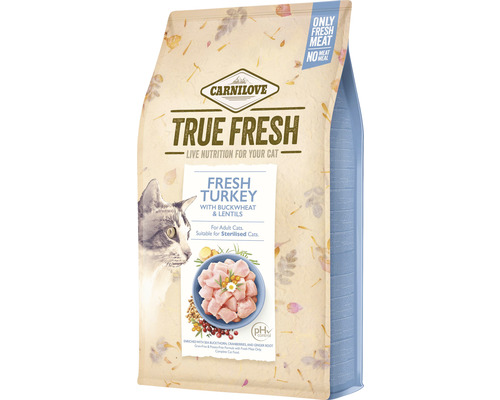 Granule pre mačky Carnilove True Fresh Turkey 4,8 kg Carnilove True Fresh suché krmivo pre dospelé mačky s čerstvým moriakom, pohánkou a šošovicou